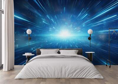 Hyperspace tunnel, radiating energy and light. Bright stars illuminate the blue explosion. Futuristic concept Wall mural