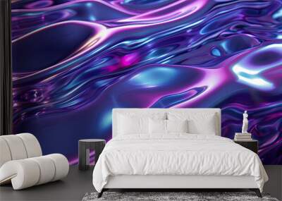 Iridescent liquid metal surface with ripples. 3d illustration. Abstract fluorescent background Wall mural