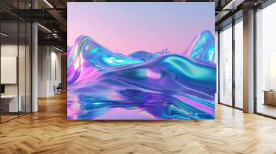 Iridescent liquid metal surface with ripples. 3d illustration. Abstract fluorescent background Wall mural