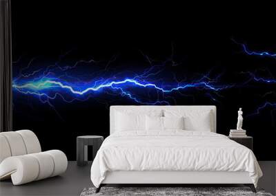 Lightning, electric thunderbolt strike of blue color isolated on black background Wall mural