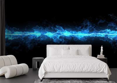 Lightning, electric thunderbolt strike of blue color isolated on black background Wall mural