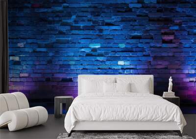 Modern futuristic neon lights on old grunge brick wall  Wall mural