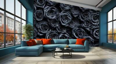 natural fresh black roses flowers pattern wallpaper. top view, black rose flower wall background. Wall mural