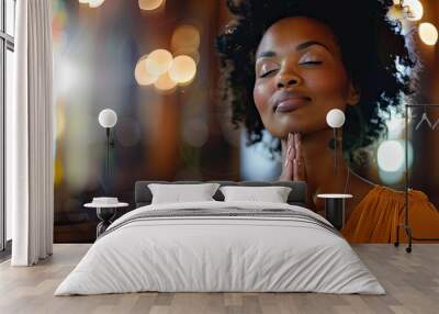 Prayer, christian and worship with black woman in church for god, holy spirit and spirituality Wall mural