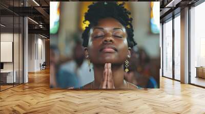 Prayer, christian and worship with black woman in church for god, holy spirit and spirituality Wall mural