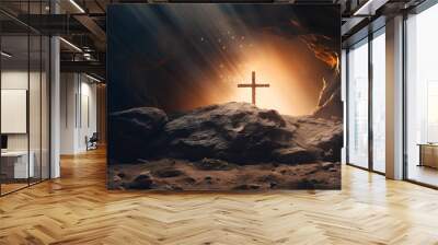 Resurrection Of Jesus Christ Concept - Empty Tomb With Three Crosses On Hill At Sunrise Wall mural