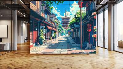 Vivid colorful illustrations of A japanese city  Wall mural