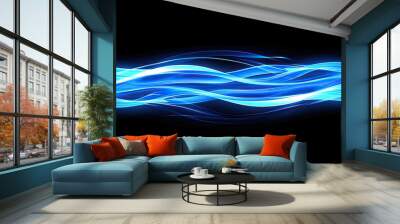 Waved blue neon light element with swoosh effect , isolated on black background Wall mural