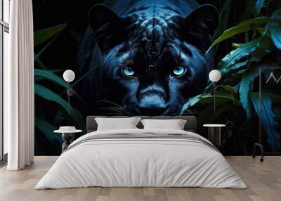 Wild black panther with blue eyes in tropical jungle at dark night Wall mural