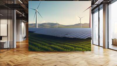 Wind turbines and solar panels farm in a field. Renewable green energy. Sunny landscape, electric energy generator for clean energy producing concept. Wall mural