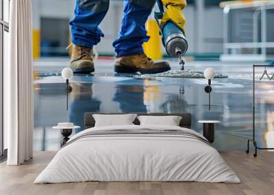 worker making Epoxy and waxed floor Wall mural