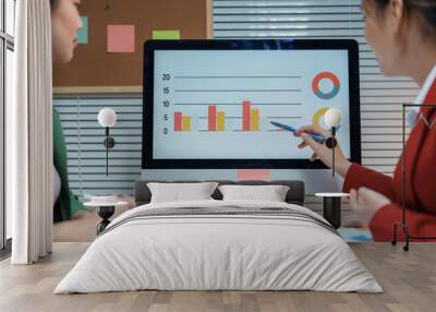 Two businesswomen are having a working meeting, discussing company financial charts displayed on a desktop computer Wall mural