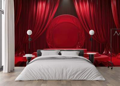 3D podium with a red backdrop fabric drapes and spotlight creating a luxurious atmosphere Wall mural