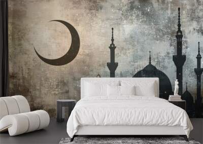 Celebration of the holy month with a mosque silhouette and crescent moon set against an abstract grey background Wall mural