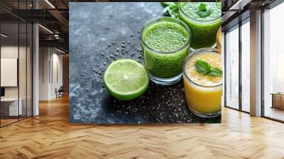 Chia seed based detox drinks green smoothies and nutritious ingredients Emphasizing diet body cleansing and healthy eating concepts Wall mural