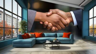 Close up of a strong handshake between two professionals in a corporate setting representing collaboration and mutual understanding in a business environment Wall mural