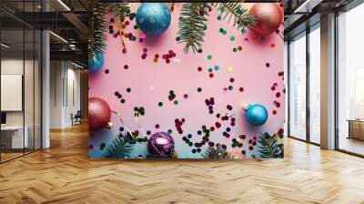 Festive holiday background featuring ornaments and fir tree symbol Colorful decor and confetti on display Flat lay design with room for text Wall mural