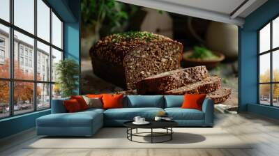 Freshly baked buckwheat bread on a table with green seeds for vegan baking Wall mural