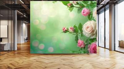 Green Floral Background with White and Pink Roses Wall mural