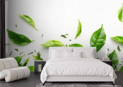 Green tea leaf inscription on white background Wall mural