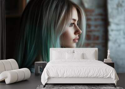 Long Straight Hair of a Young Woman Styled with Pastel Teal Balayage Wall mural