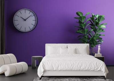 Quartz clock on purple wall in room or office Wall mural