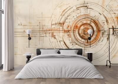 Retro technical drawing featuring a mechanical circuit within a circular design serving as a detailed technical backdrop Wall mural