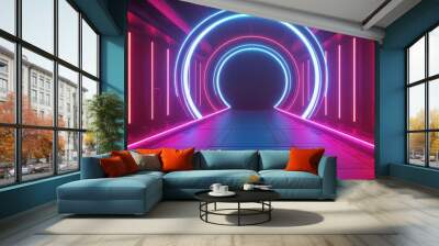 Vast dark futuristic hall featuring illuminating circular neon lights An abstract empty stage with a moody neon backdrop and reflective surfaces Wall mural