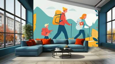 Family hiking adventure: parents and child trekking in scenic mountain landscape. Wall mural