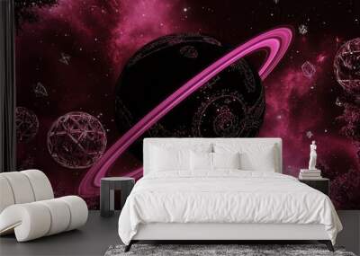 Neon colored planet with rings in space - cosmic art and imagination. Wall mural