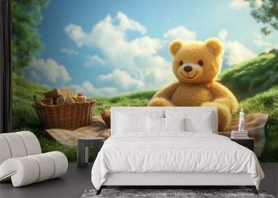 A cheerful teddy bear sitting on a picnic blanket spread out on a grassy hill with a basket of treats nearby Wall mural