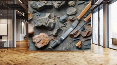 A high-resolution image of a geologista??s tools and rocks with vibrant colors showcasing the beauty of earth sciences and geology Wall mural