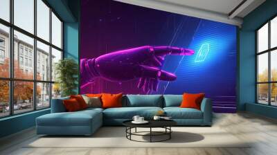 A human hand touching a digital hologram of a robot an AI technology concept with a virtual screen and a futuristic city background artificial intelligence Wall mural