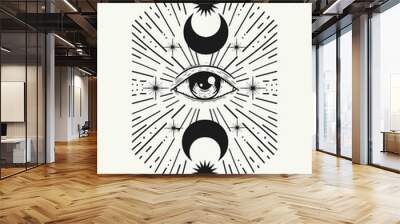 eye tattoo with moon, stars and rays diverging into different turns Wall mural