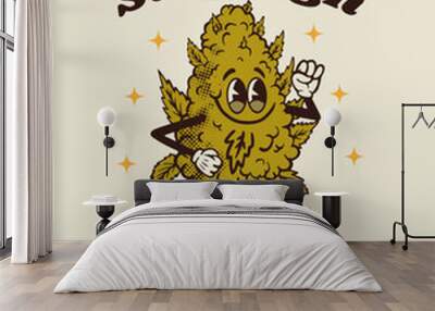 marijuana bump character smiles and walks through the clouds, retro vector Wall mural