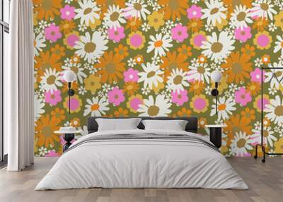 seamless pattern with bright flowers in the style of the 70s, retro style Wall mural