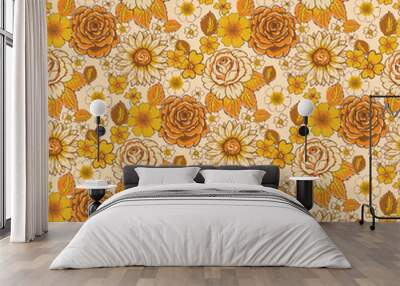 seamless pattern with bright flowers in the style of the 70s Wall mural