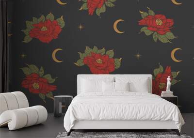 seamless pattern with flowers moon and stars, celestial vector Wall mural