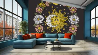 sun with flowers and moon, magical vector illustration, Occult print for t-shirt Wall mural