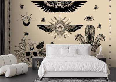 Vector witch and Magic Collection with with alchemy symbols: crystal ball, skull , moon, flowers, wings, eye, flies, crown, crystals, tattoo set Wall mural