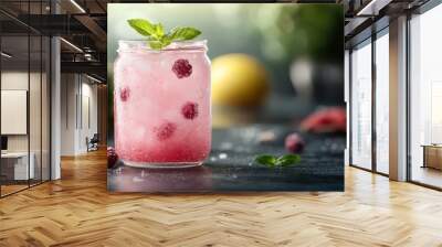 A cool and refreshing pink raspberry lemonade served in a mason jar, garnished with fresh mint leaves and ice cubes, surrounded by lemons, berries, and a soft focus background. Wall mural