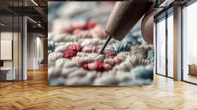 A detailed view of needle punch embroidery in progress, showing a hand skillfully creating a red floral design, demonstrating the artistry and technique involved in needlework. Wall mural