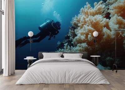 A scuba diver explores a stunning underwater world filled with vibrant coral and marine life, experiencing the breathtaking beauty and diversity of the ocean's ecosystem. Wall mural