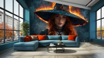 Burning Witch Hat  Mysterious Woman  Fire Magic  Red Hair  Fantasy  Halloween Wall mural