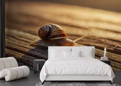 Snail on Wood Plank in Warm Sunset Light Wall mural