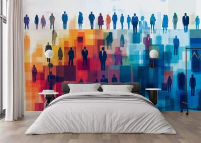 Abstract creative colorful flat illustration featuring social communication, networking, community, drawn silhouettes of urban people. Wall mural