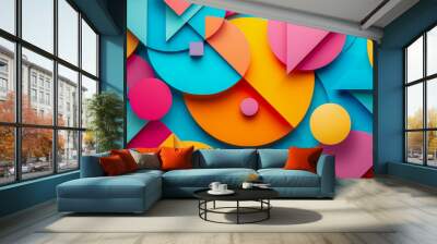 Abstract creative colourful geometric background with different 3d figures and shapes on the wall. Wall mural