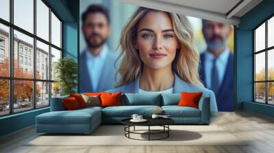 Beautiful businesswoman wearing grey smart casual outfit on blurred background with two businessmen.  Wall mural