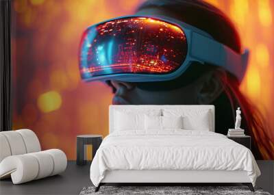 Beautiful woman in virtual reality headset enjoying new experience of high tech in front of golden bokeh. Wall mural