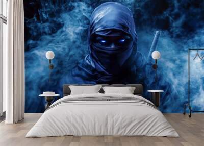 Creative portrait of mystery ninja with blue eyes on dark background with smoke. Wall mural